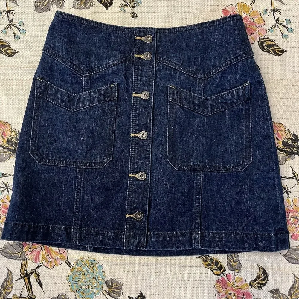 Free People Mini Skirt 2 Blue Denim Button Front 100% Cotton Dark Wash Pockets